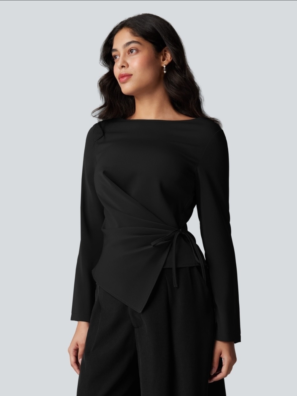 Halara Boat Neck Long Sleeve Ruched Tie Work Blouse
